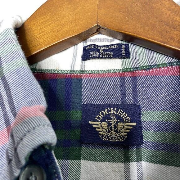 VTG Dockers Men's Small Plaid Flannel Cotton Button Down White Blue Green 90's - Picture 4 of 12